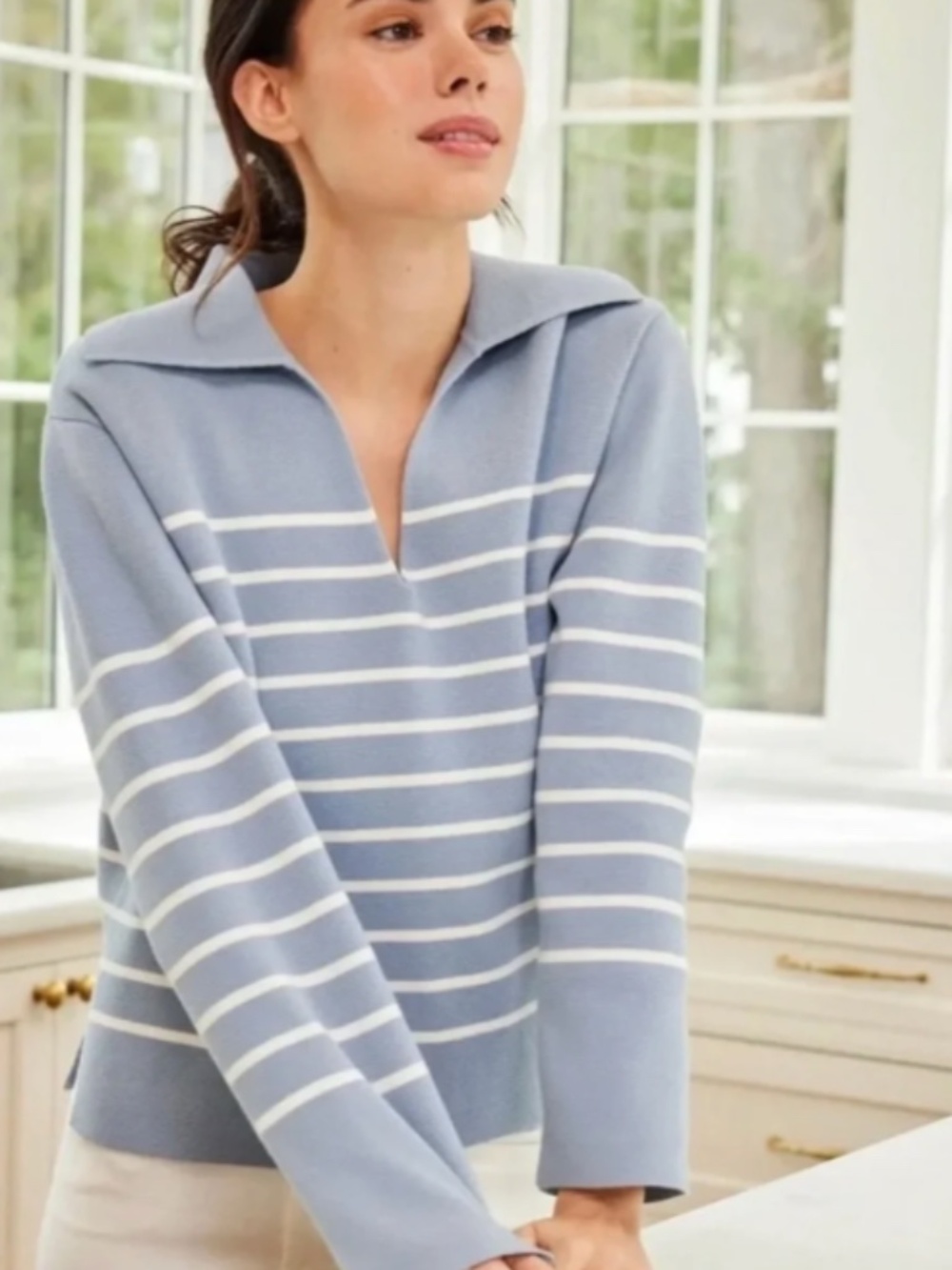 LAKE Pajamas Lydia Cotton Sweater in Dusty Blue Ivory Stripe, Women's S